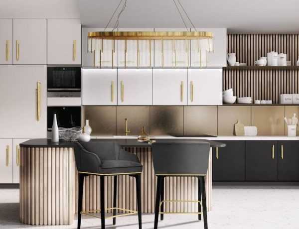 A luxurious and modern kitchen in shades of gold, black and white!