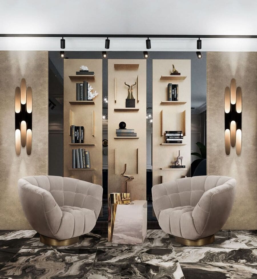 A luxury interior design inspiration for a living room in neutral tones and gold.