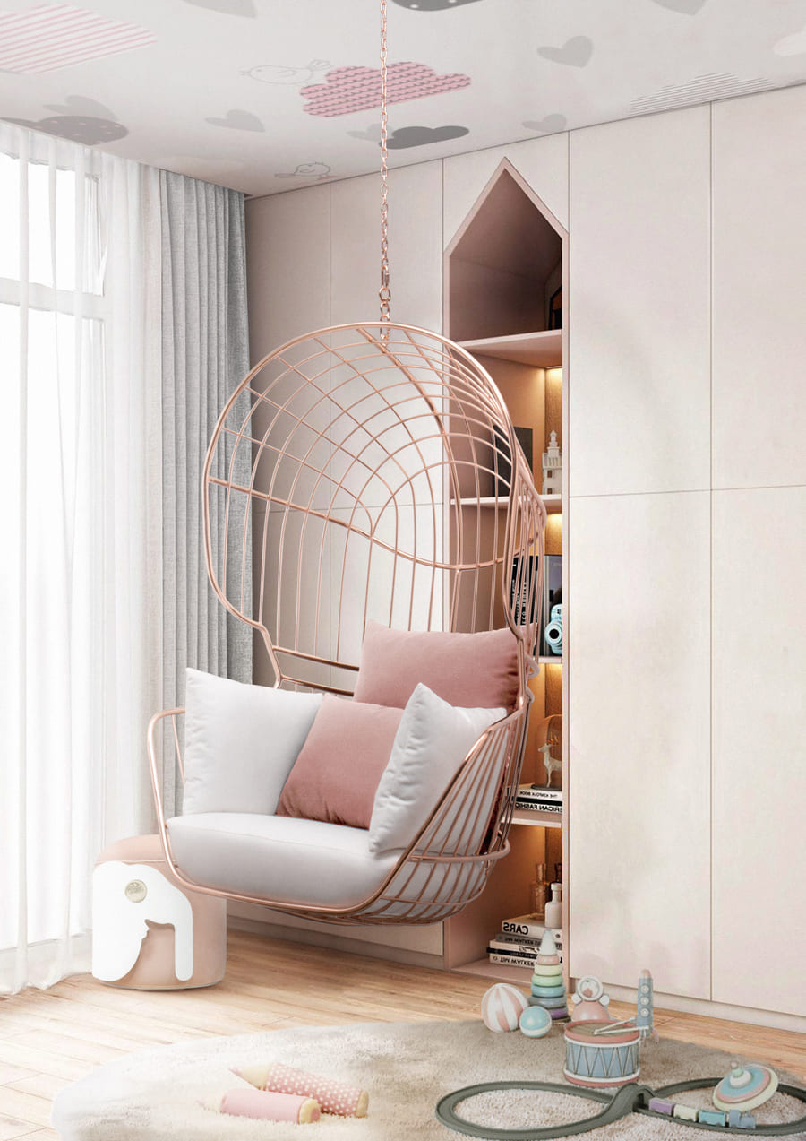 Luxury playroom area with a elegant hanging chair on the center