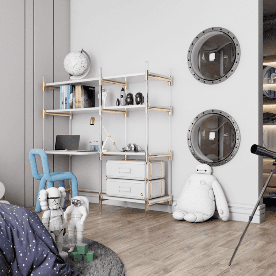 luxurious study space for a little astronaut with a fantastic bookcase desk