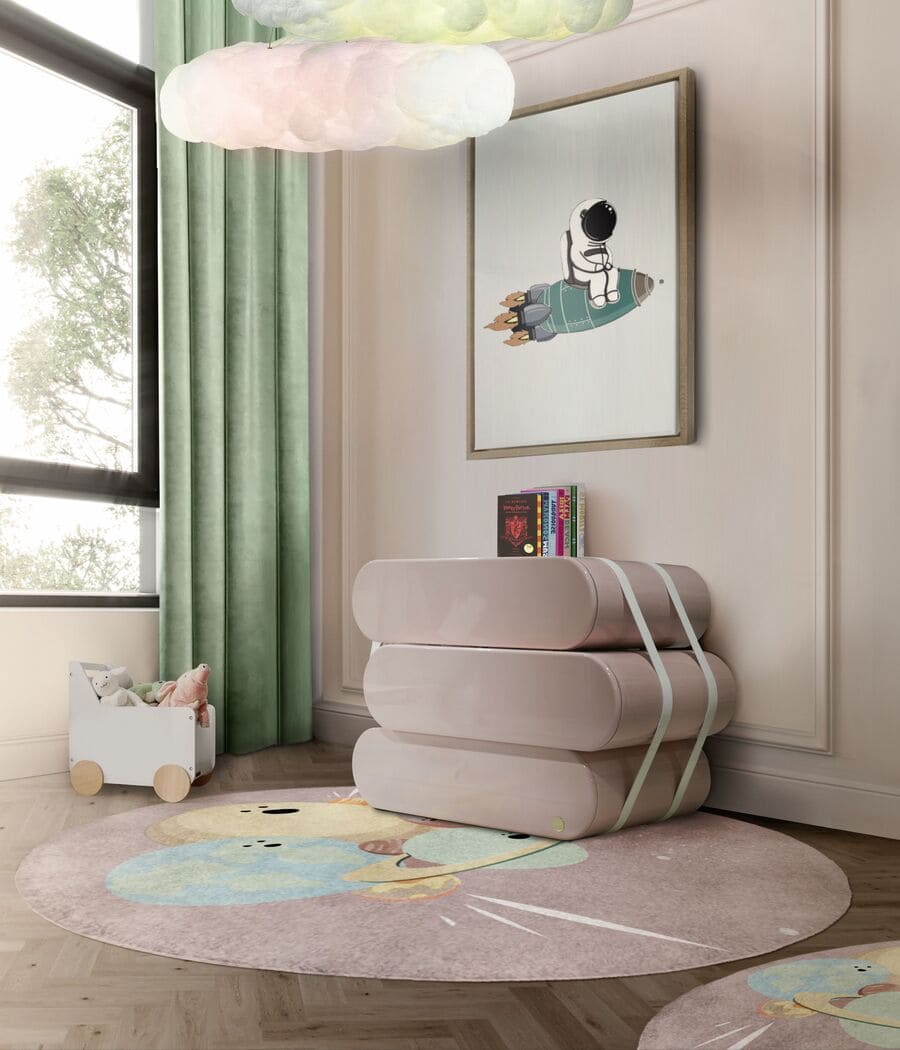 Neutral toned kids room with a fun rug design