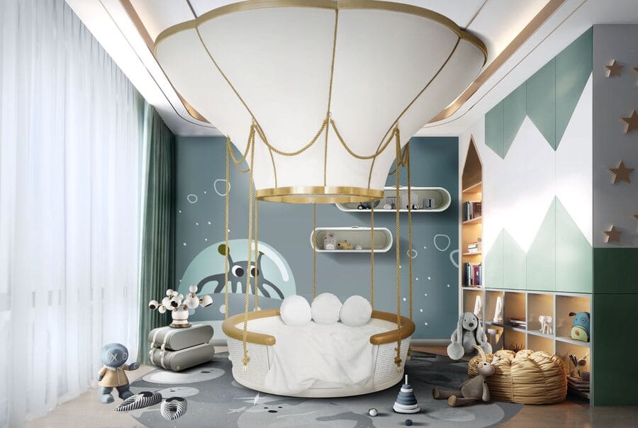 This luxury kids' bedroom looks lovely and it's perfect for boys and girls! The Fantasy Air Balloon Bed is a themed kids' bed that invokes the romantic and whimsical ambiance of a hot air balloon ride! This luxury kids' bed features and color-changing light and sound system on the top part.
