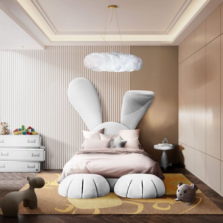 A neutral-toned kids' room with the Mr. Bunny Chair, the Cloud Lamp Big, and the Giraffe Jungle Rug.