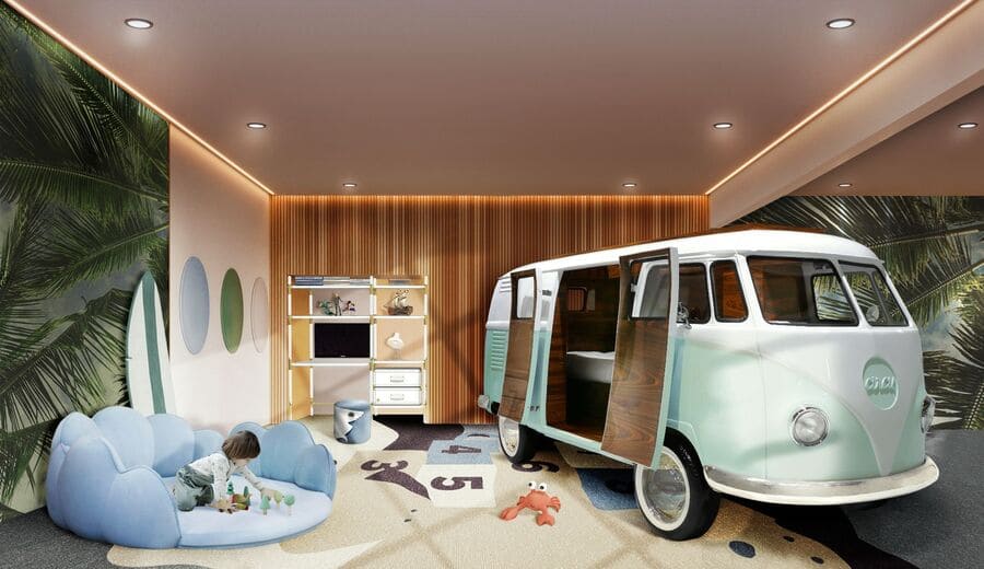 The Bun Van Bed is a complete bedroom set for a children’s space. Inspired by the iconic 60’s camper van Fillmore from the Disney movie “Cars”, this luxury kids' bed will bring a total experience of fun and play to the children’s rooms. This luxury bed also features a desk, tv, and mini-fridge.