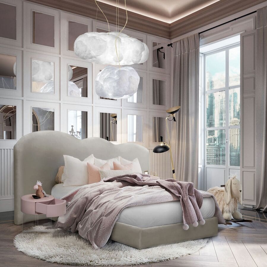 With sweet neutral tones, this luxury kids' room looks absolutely adorable! The combination of the Cloud Bed, Cloud Nightstand, and Cloud Lamps looks perfect!