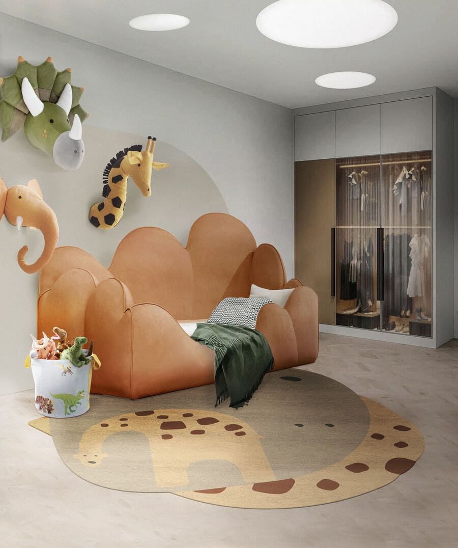 This kids' room inspired by nature and with warm tones looks modern and fun! Here we find the wonderful combination of the Dino Bed and the Upside Down Rug.