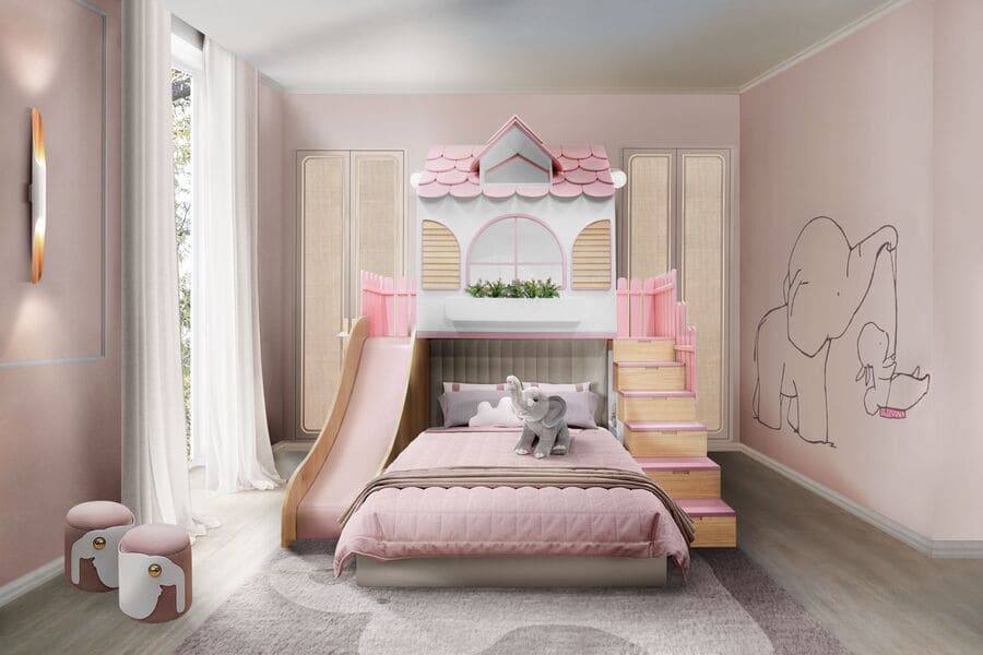 The Dolly Playhouse by Circu is the perfect piece for every girls' room! Here this luxury kids' bed is combined with the Elephant Stool and the Power Elephant Rug.