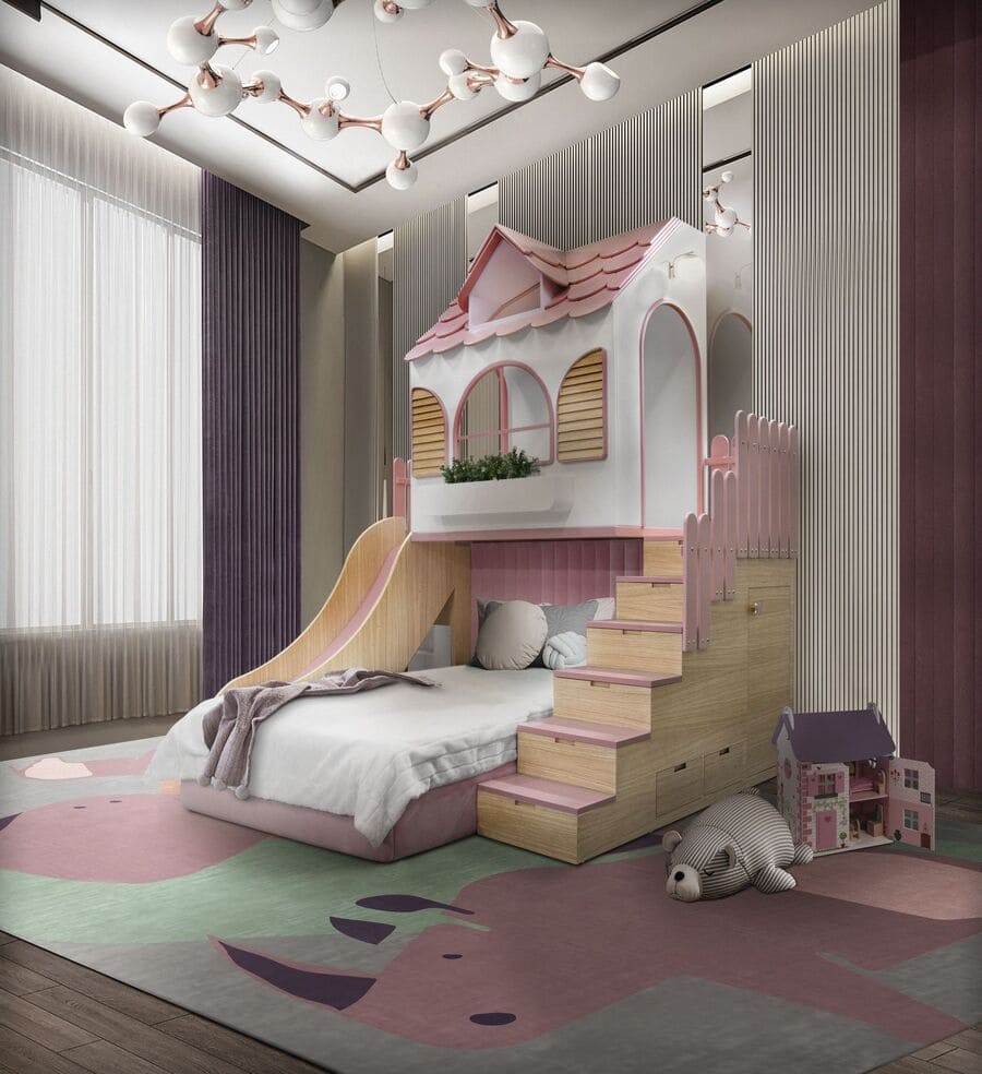 Dolly Playhouse is a luxury kids' bed specially made to ensure that kids have the ultimate fun in their bedroom. Inspired by the infamous dollhouses, the Dolly Playhouse bed is a modern version of a kids' playhouse, specially made for little ones who want their own little house adventure and have a full space to themselves.