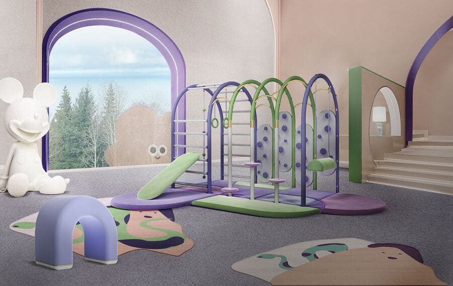 Bubble Gum Gym is inspired by the traditional outdoor playgrounds and it’s the product you need to bring adventure and creativity to your children’s play area. With its fun features combined with exceptional design, this playground will help kids keep exercising. Here, this wonderful kids' furniture piece is combined with the Bubble Loop and the Mr. Rhino Rug.