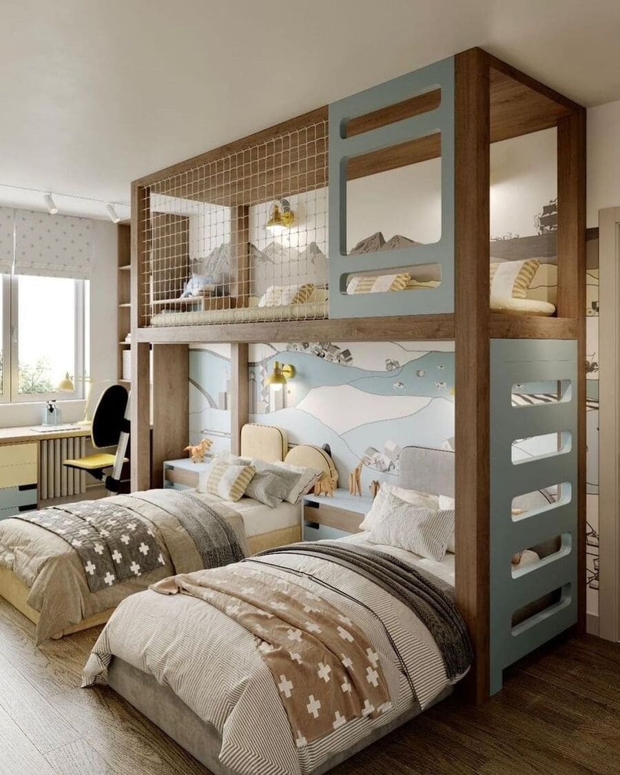 Bunk beds are always a great choice for kids' rooms! Just look at this luxury kids' bedroom perfect for two siblings!