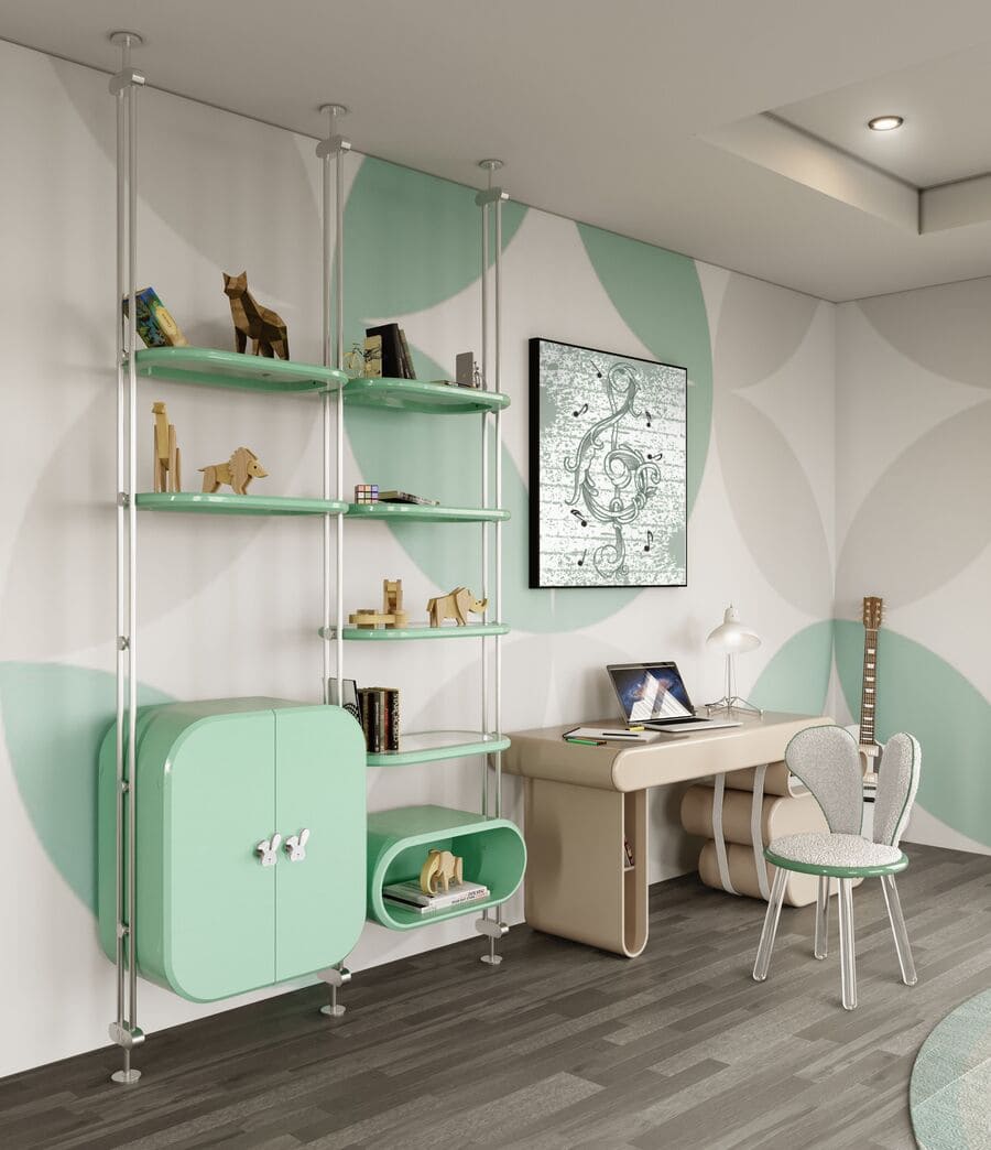 A neutral-gender kids' study area in green tones! The Dream Desk, the ultimate luxury kids' desk to upgrade any study area, is here combined with the Little Bunny Chair and the Minelli Bookcase, with the detail of the Bunny Handle.