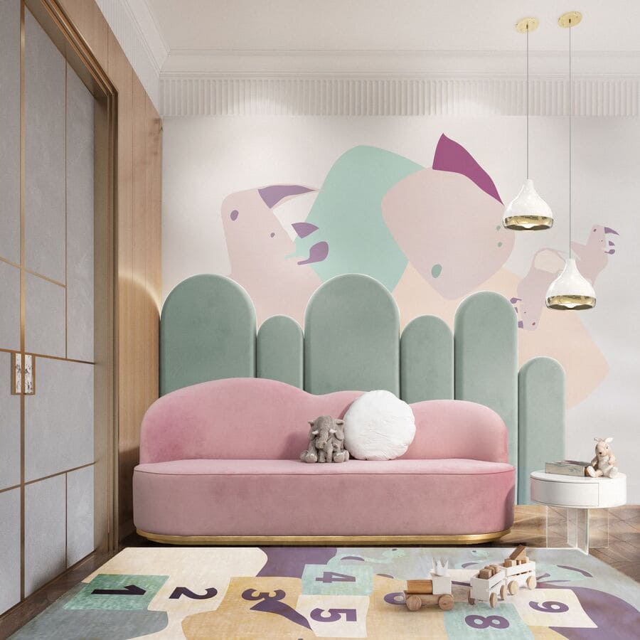 This wonderful girls' play area counts with some wonderful kids' furniture pieces like the Cloud Sofa, the Cloud Nightstand, and the Mr. Potato Game Rug.