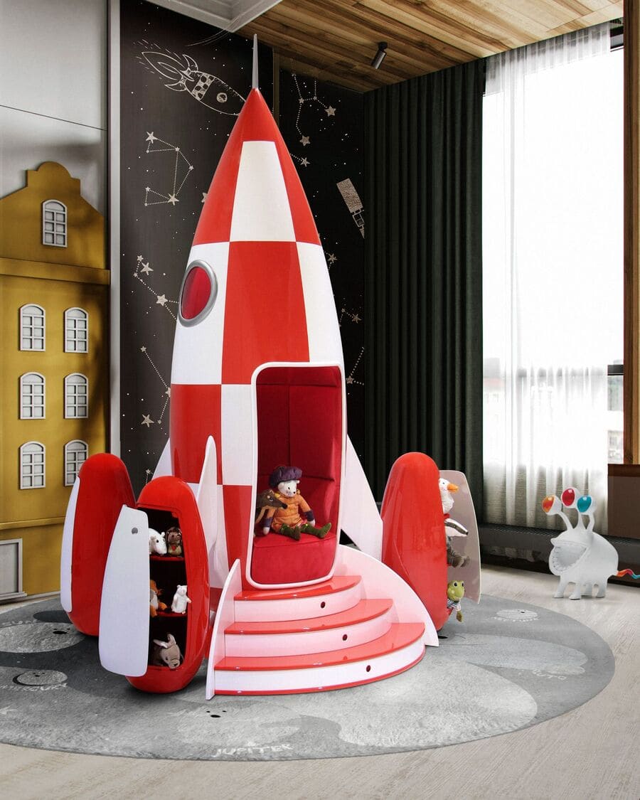 A luxurious and modern kids' playroom with the Rocky Rocket Sofa / Chair and the Planet Party Round Rug.