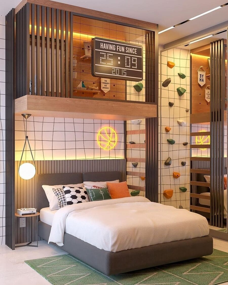A modern and colorful kids' room with a wonderful sleeping area combined with a fun play area.