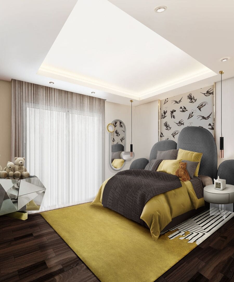 A warm kids' room with the magical presence of the Iraya Headboard and the Cloud Nightstand.