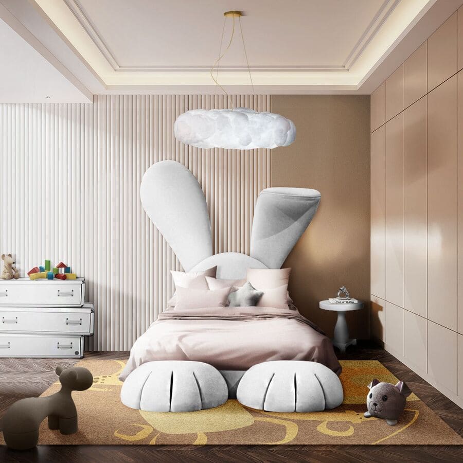 The Mr. Bunny Bed is inspired by ​Alice in Wonderland, this luxury kids' bed promises to take your little one into a fantasy land where he/she can explore their wildest dreams while being fascinated by the beauty of nature. Here this lovely kids' bed is combined with the Cloud Lamp Big, the Hudson Side Table, the Fantasy Air 3 Drawers Chest, and the Giraffe Jungle Rug.
