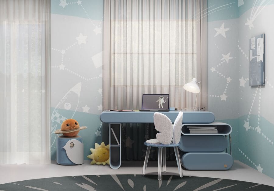 Every boys' room also needs a kids' study area! This one in tones of blue looks beautiful, combining the Dream Desk, the Pixie Chair, the Bird Stool, and the Diana Table Lamp.