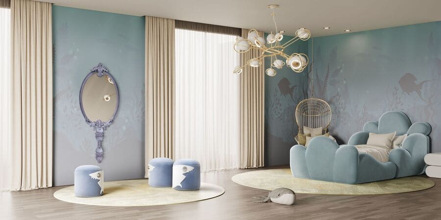 Blue is always a great color for kids' bedrooms, be it for girls or boys! In this modern kids' bedroom, we can find perfectly combined the Tristen Bed, the Cloud Rug, the Cosmo Suspension Lamp, the Shark Stool, and the Chameleon Mirror.