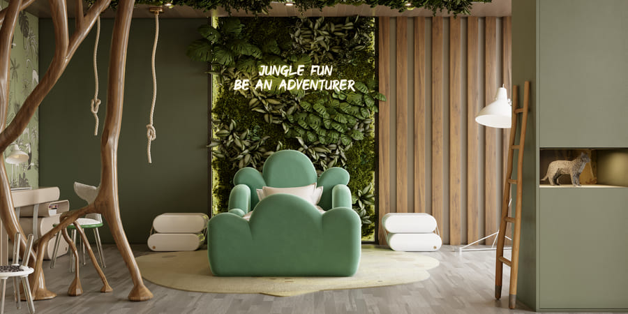 This boys' room inspired by the jungle looks really fun and modern! The combination of the Tristen Bed with the Little Cloud Nightstands and the Diana Floor Lamp makes the space look great!