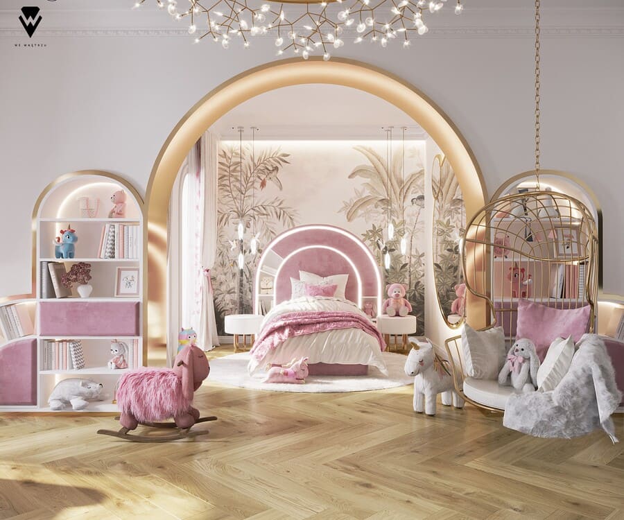 This girls' bedroom looks like a paradise! The combination of pink and gold tones makes the space look absolutely lovely, combining the Bubble Gum Bed with the Cloud Nighstands and the Cloud Rug!