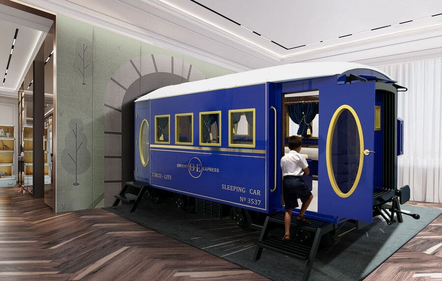 The Orient-Express Bed is a sleeping car exclusively designed somewhere between a dream and magic. In collaboration with Orient-Express, this luxury kids' bed was based on the idea that the simple things in life can become great moments of luxury and that anything is possible when the mind keeps traveling! Featuring a TV and several storage compartments this bed promises to make any kids' bedroom shine like the stars on blue midnight.